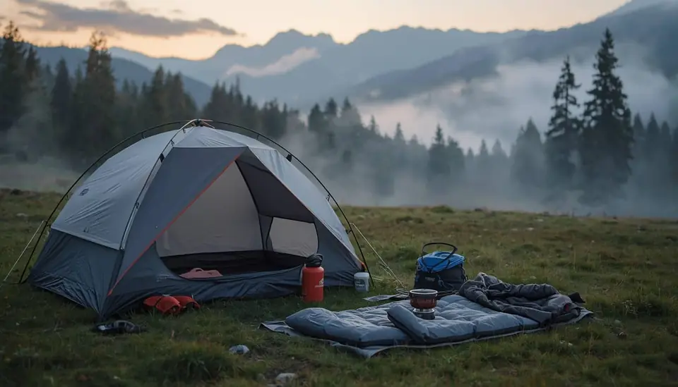 Well-organized campsite with tent and camping gear